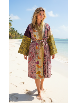 Indian Sari Kantha Robe Long Kimono Dressing Gown Beach Cover # 1