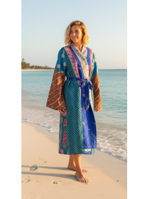 Indian Sari Kantha Robe Long Kimono Dressing Gown Beach Cover # 2