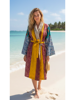 Indian Sari Kantha Robe Long Kimono Dressing Gown Beach Cover # 3
