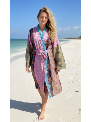 Indian Sari Kantha Robe Long Kimono Dressing Gown Beach Cover # 4