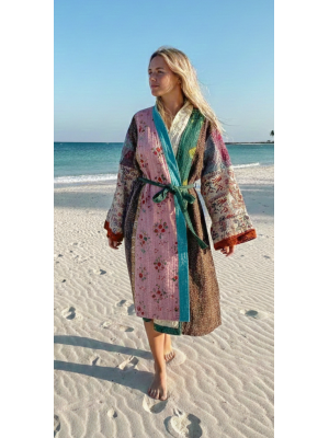 Indian Sari Kantha Robe Long Kimono Dressing Gown Beach Cover # 5