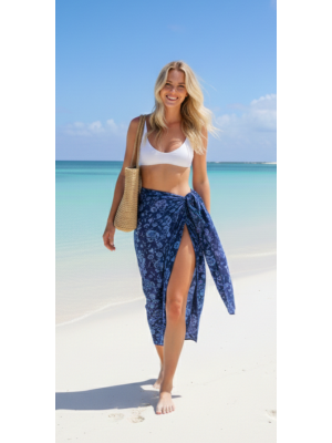 Sarong Beach Coverup Batik from Bali Large Size Dark Blue Flower Design