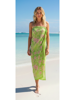 Sarong Beach Coverup Batik from Bali Large Size Pale Green & Pink Flowers