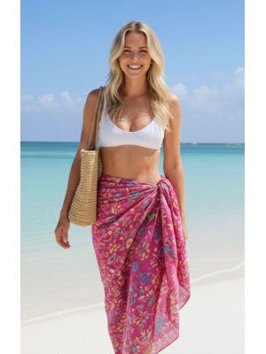 Sarong Beach Coverup Bali Batik Large Size Pink Multicoloured Flowers