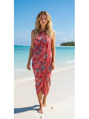 Sarong Beach Coverup Batik from Bali Large Size Pink Red Orange Flowers