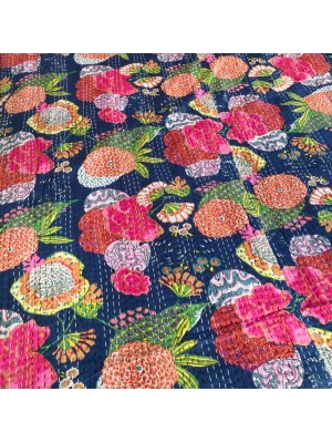 Kingsize Indian Cotton Kantha Quilt / Bedspread / Throw / Bed Cover - Contemporary Blue Tropical Flower Design - Fair Trade Kingsize Indian Cotton Kantha Quilt / Bedspread / Throw / Bed Cover - Contemporary Blue Tropical Flower Design - Fair Trade