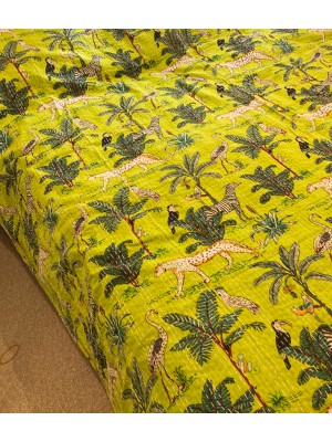 Kingsize Indian Cotton Kantha Quilt / Bedspread / Throw / Bed Cover - Contemporary Lime Green African Animals Design - Fair Trade Kingsize Indian Cotton Kantha Quilt / Bedspread / Throw / Bed Cover - Contemporary Lime Green African Animals Design - Fair Trade