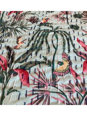 Kingsize Indian Cotton Kantha Quilt / Bedspread / Throw / Bed Cover - Contemporary Green Tropical Bird Design - Fair Trade Kingsize Indian Cotton Kantha Quilt / Bedspread / Throw / Bed Cover - Contemporary Green Tropical Bird Design - Fair Trade