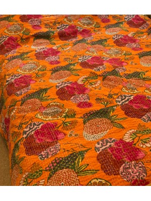 Kingsize Indian Cotton Kantha Quilt / Bedspread / Throw / Bed Cover - Contemporary Orange Tropical Flower Design - Fair Trade Kingsize Indian Cotton Kantha Quilt / Bedspread / Throw / Bed Cover - Contemporary Orange Tropical Flower Design - Fair Trade