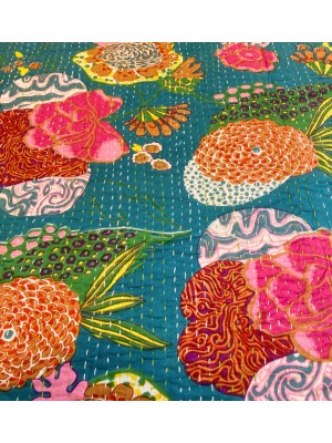 Kingsize Indian Cotton Kantha Quilt / Bedspread / Throw/ Bed Cover - Contemporary Turquoise Tropical Flowers Design - Fair Trade Kingsize Indian Cotton Kantha Quilt / Bedspread / Throw/ Bed Cover - Contemporary Turquoise Tropical Flowers Design - Fair Trade