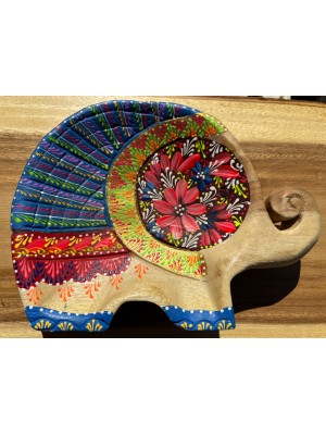 Handcrafted Hand Painted Wooden Elephant Dish - Blue & Gold Handcrafted Hand Painted Wooden Elephant Dish - Blue & Gold
