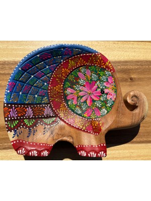 Handcrafted Hand Painted Wooden Elephant Dish - Pink & Blue Handcrafted Hand Painted Wooden Elephant Dish - Pink & Blue