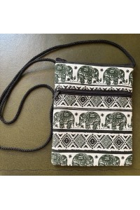 Padded Crossbody Passport / Phone Bag - Traditional Baby Elephant Print from Laos - Green