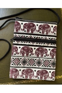 Padded Crossbody Passport / Phone Bag - Traditional Baby Elephant Print from Laos - Maroon