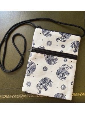 Padded Crossbody Passport / Phone Bag - Traditional Baby Elephant Print from Thailand Padded Crossbody Passport / Phone Bag - Traditional Baby Elephant Print from Thailand