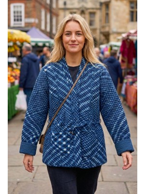 Kantha Jacket - Cotton Quilted Summer Weight Blue White Batik Design Reversible Indian Kantha Jacket - Fair Trade - Available in sizes 8 - 18