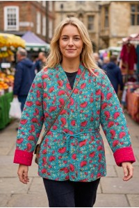Kantha Jacket - Cotton Quilted Summer Weight Pink & Blue Flowers Reversible Indian Kantha Jacket - Fair Trade - Available in sizes 8 -18 Kantha Jacket - Cotton Quilted Summer Weight Pink & Blue Flowers Reversible Indian Kantha Jacket - Fair Trade - Available in sizes 8 -18