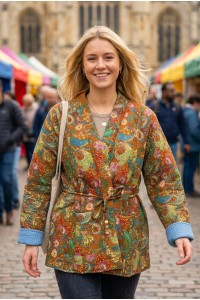 Kantha Jacket - Cotton Quilted Summer Weight Brown Geometric Flowers Reversible Indian Kantha Jacket - Fair Trade - Available in sizes 8 -18 Kantha Jacket - Cotton Quilted Summer Weight Brown Geometric Flowers Reversible Indian Kantha Jacket - Fair Trade - Available in sizes 8 -18