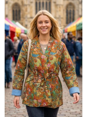 Kantha Jacket - Cotton Quilted Summer Weight Brown Geometric Flowers Reversible Indian Kantha Jacket - Fair Trade - Available in sizes 8 -18 Kantha Jacket - Cotton Quilted Summer Weight Brown Geometric Flowers Reversible Indian Kantha Jacket - Fair Trade - Available in sizes 8 -18