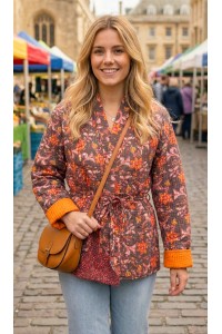 Kantha Jacket - Cotton Quilted Summer Weight Orange, Yellow & Pink Flowers Reversible Indian Kantha Jacket - Fair Trade - Available in sizes 8 -18 Kantha Jacket - Cotton Quilted Summer Weight Orange, Yellow & Pink Flowers Reversible Indian Kantha Jacket - Fair Trade - Available in sizes 8 -18