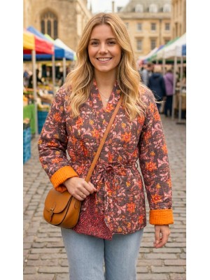 Kantha Jacket - Cotton Quilted Summer Weight Orange, Yellow & Pink Flowers Reversible Indian Kantha Jacket - Fair Trade - Available in sizes 8 -18 Kantha Jacket - Cotton Quilted Summer Weight Orange, Yellow & Pink Flowers Reversible Indian Kantha Jacket - Fair Trade - Available in sizes 8 -18