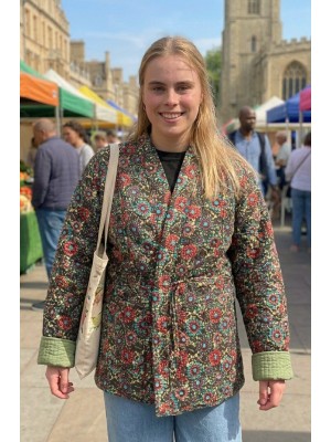 Kantha Jacket - Cotton Quilted Summer Weight Green Geometric Flowers Reversible Indian Kantha Jacket - Fair Trade - Available in sizes 8 -18 Kantha Jacket - Cotton Quilted Summer Weight Green Geometric Flowers Reversible Indian Kantha Jacket - Fair Trade - Available in sizes 8 -18