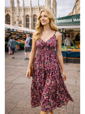 Maroon Abstract Floral Patterned Toto Short Summer Dress - Fair Trade 100% Cotton Maroon Abstract Floral Patterned Toto Short Summer Dress - Fair Trade 100% Cotton