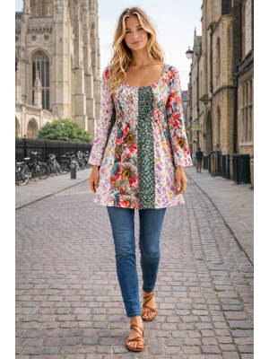 Floaty Cotton Oranges & Greens Exotic Floral Print Long Top / Short Dress On / Off the Shoulder Floaty Cotton Oranges & Greens Exotic Floral Print Long Top / Short Dress On / Off the Shoulder