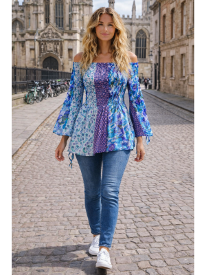 Floaty Cotton Blues & Purples Exotic Floral Print Long Top / Short Dress On / Off the Shoulder Floaty Cotton Blues & Purples Exotic Floral Print Long Top / Short Dress On / Off the Shoulder