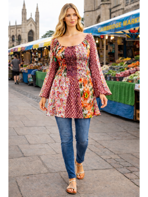 Floaty Cotton Maroons & Pinks Exotic Floral Print Long Top / Short Dress On / Off the Shoulder Floaty Cotton Maroons & Pinks Exotic Floral Print Long Top / Short Dress On / Off the Shoulder