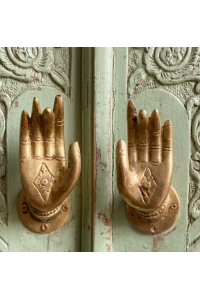 Pair of Vintage Brass Buddha Hand Door Handle Hook Pull  Unusual Varada Mudra Hand Position - Made in Nepal 