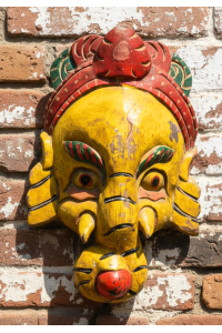 Vintage Hand Carved Yellow Ganesh Mask Hand Painted from Kathmandu dating from 1970's