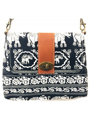 Vegan / Cruelty Free Mini Hand Bag with detachable adjustable strap - White Elephants on Black Design - Fair Trade Vegan / Cruelty Free Mini Hand Bag with detachable adjustable strap - White Elephants on Black Design - Fair Trade