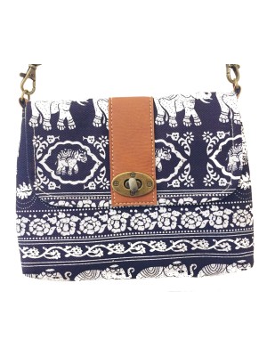 Vegan / Cruelty Free Mini Hand Bag with detachable adjustable strap - White Elephants on Blue Design - Fair Trade Vegan / Cruelty Free Mini Hand Bag with detachable adjustable strap - White Elephants on Blue Design - Fair Trade