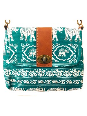 Vegan / Cruelty Free Mini Hand Bag with detachable adjustable strap - White Elephants on Turquoise Design - Fair Trade Vegan / Cruelty Free Mini Hand Bag with detachable adjustable strap - White Elephants on Turquoise Design - Fair Trade