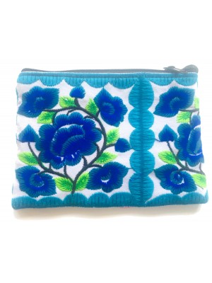Hmong Thai Hill Tribe Flower Embroidered Tribal Purse - Blue / White Flower Fair Trade