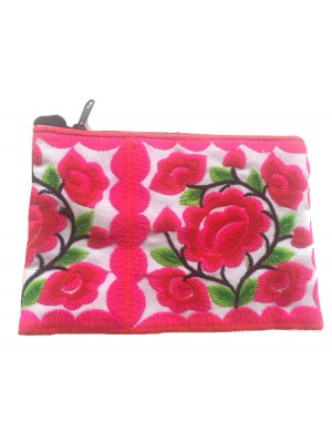 Hmong Thai Hill Tribe Flower Embroidered Tribal Purse - Pink / White Flower Fair Trade
