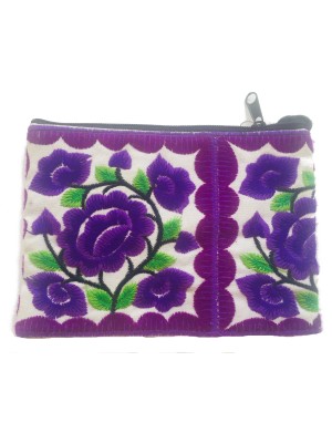 Hmong Thai Hill Tribe Flower Embroidered Tribal Purse - Purple / White Flower Fair Trade