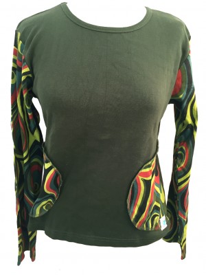 Fair Trade Green Jersey Cotton Retro Spiral Ladies Long Sleeve Top Fair Trade Green Jersey Cotton Retro Spiral Ladies Long Sleeve Top