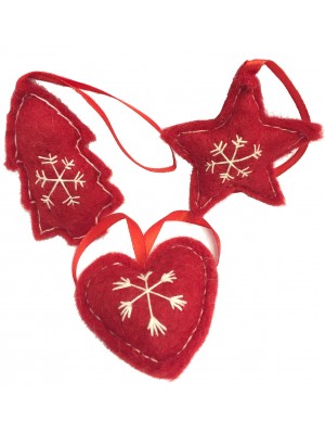 Fair Trade Felt Red & White Christmas Tree Decorations - Set of 3 Fair Trade Felt Red & White Christmas Tree Decorations - Set of 3
