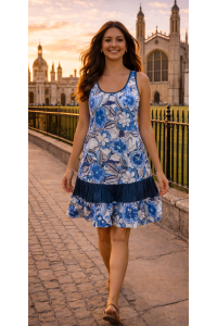 Floaty Cotton Sundress / Short Shift Dress - Bold Blue / White Flower Print