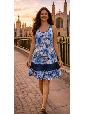 Floaty Cotton Sundress / Short Shift Dress - Bold Blue / White Flower Print