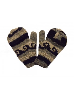 Fair Trade Handknitted Woollen Black & White Tibetan Design Fingerless Gloves with mitten cover Fair Trade Handknitted Woollen Black & White Tibetan Design Fingerless Gloves with mitten cover