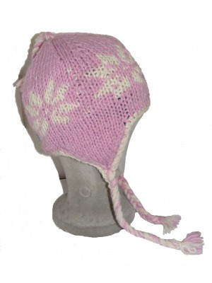Hand Knit Wool Children's Pink Flower Earflap Hat Hand Knit Wool Children's Pink Flower Earflap Hat