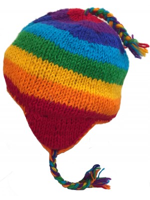 Rainbow Hand Knit Wool Earflap Hat - Fair Trade - Fleece Lined Toasty Warm Rainbow Hand Knit Wool Earflap Hat - Fair Trade - Fleece Lined Toasty Warm