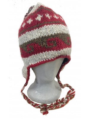 Handknit Earflap Hat - 100% Wool - Red & Grey Traditional Tibetan Design - Fair Trade