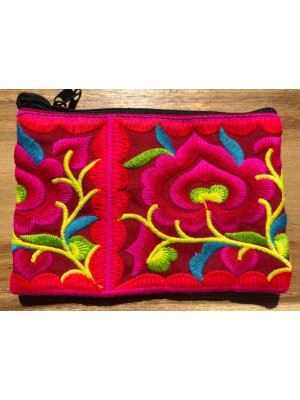 Hmong Thai Hill Tribe Flower Embroidered Tribal Purse - Pink / Maroon Flower Fair Trade