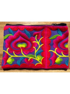 Hmong Thai Hill Tribe Flower Embroidered Tribal Purse - Pink / Blue Flower Fair Trade