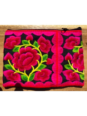Hmong Thai Hill Tribe Flower Embroidered Tribal Purse - Pink / Black Flower Fair Trade