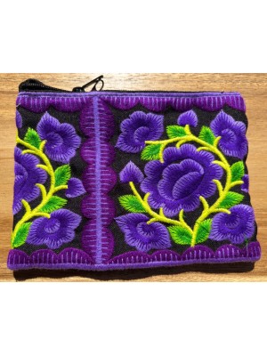 Hmong Thai Hill Tribe Flower Embroidered Tribal Purse - Purple / Black Flower Fair Trade